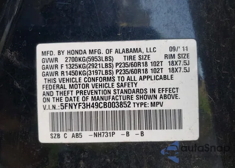 2012 Honda Pilot Ex z USA, uszkodzony, nr VIN 5FNYF3H49CB003852